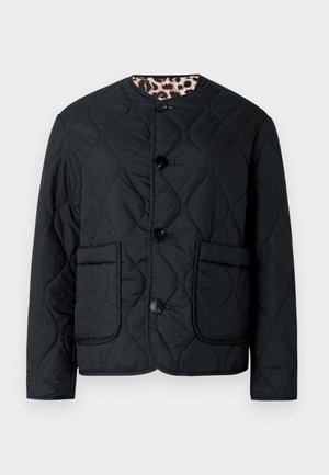 Black quilted jacket with a round neckline, featuring two front pockets and three buttons. Interior lined with a leopard print pattern.