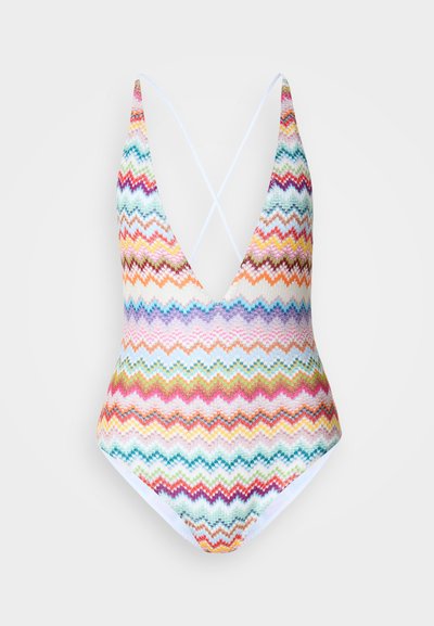 Strój kąpielowy z głębokim dekoltem w serek, z wielokolorowym wzorem zygzakowatym w żywych odcieniach oraz paskami skrzyżowanymi na plecach.