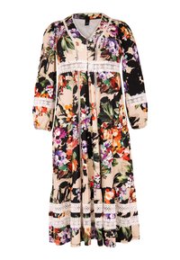 Florales Kleid mit V-Ausschnitt, langen Puffärmeln, Spitze und fließendem Saum. Dominierende Farben sind Beige, Schwarz, Lila und Orange.
