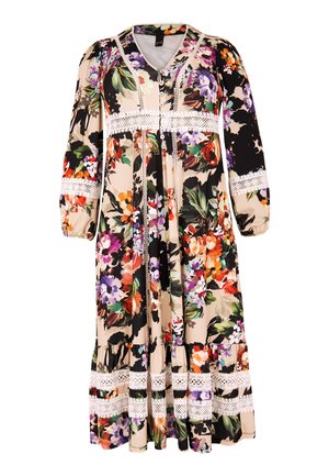 Bloemenjurk met een V-hals, lange pofmouwen, kantaccenten en een vloeiende zoom. De dominante kleuren zijn beige, zwart, paars en oranje.