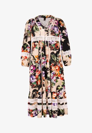 Bloemenjurk met een V-hals, lange pofmouwen, kantaccenten en een vloeiende zoom. De dominante kleuren zijn beige, zwart, paars en oranje.