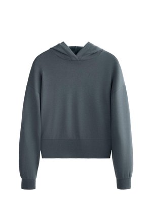 Sweat à capuche gris foncé avec de longues manches, des poignets côtelés et une taille ajustée, présenté sur un fond blanc.