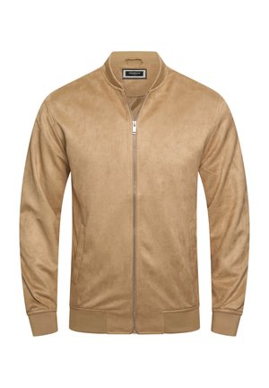 Beige Bomberjacke aus weichem Wildleder-ähnlichem Material mit Reißverschluss vorne, gerippten Bündchen und Saum, ausgestattet mit Seitentaschen und einem minimalistischen Design.