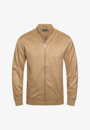 Beige Bomberjacke aus weichem Wildleder-ähnlichem Material mit Reißverschluss vorne, gerippten Bündchen und Saum, ausgestattet mit Seitentaschen und einem minimalistischen Design.
