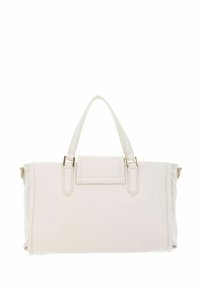 Sac à main blanc en matériau lisse, doté de deux poignées courtes, d'accents métalliques dorés et d'une forme rectangulaire avec une fermeture à rabat.