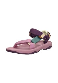 Sandalias rosas con tiras de nailon multicolores, que cuentan con una plantilla texturizada y una suela de goma flexible. Ajustables para un ajuste seguro.