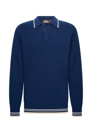 Sudadera polo de manga larga de punto azul con una tapeta abotonada, que presenta acentos de rayas blancas en el cuello y los puños.