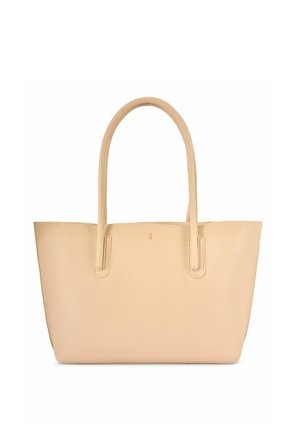 Beżowa skórzana torba typu tote z dwoma uchwytami, o prostokątnym kształcie i minimalistycznym designie, przedstawiona na białym tle.