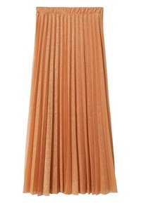 Plisseret midi-skirt i skinnende orange stof, med elastisk talje og et svævende design med lodrette folder.