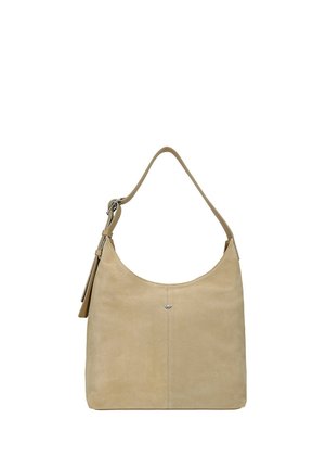 Beige Wildleder-Schultertasche mit einem einzelnen Riemen, kleinem metallischem Logo in der Mitte und einer dekorativen Quaste nahe dem Griff.