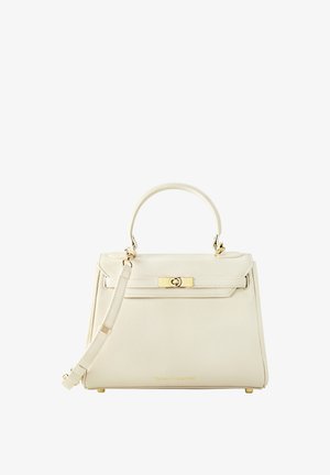 Crème leren handtas met een gestructureerd ontwerp, bovenhandvat, afneembare schouderriem, hardware in goudkleur en een voorklipsluiting.