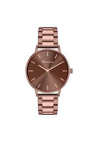 Montre-bracelet en métal bronze avec un cadran rond, un cadran ensoleillé, des index heures en or rose, et un bracelet à maillons. Nom de la marque "Tamaris" affiché.