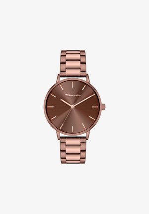 Bronzen metalen horloge met een ronde wijzerplaat, zonnestraal-dial, roségouden uurmarkeringen en een schakelarmband. Merkennaam "Tamaris" weergegeven.