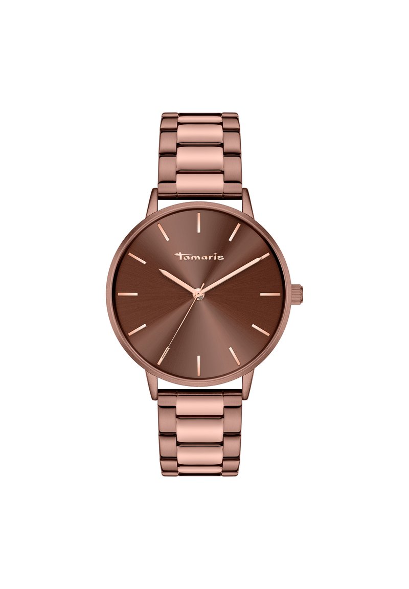 Montre-bracelet en métal bronze avec un cadran rond, un cadran ensoleillé, des index heures en or rose, et un bracelet à maillons. Nom de la marque "Tamaris" affiché.