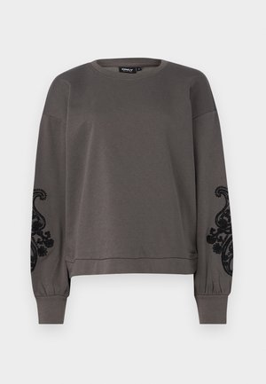 Grå sweatshirt lavet af blød bomuldsblanding, med sort broderet blomstermønster på begge ærmer og elastiske manchetter.