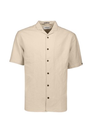 Chemise beige à manches courtes avec boutons, tissu texturé et col de style camp, présentée sur un fond blanc.