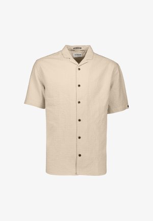 Chemise beige à manches courtes avec boutons, tissu texturé et col de style camp, présentée sur un fond blanc.