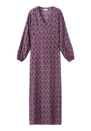Vestido midi estampado con escote en V y mangas largas abullonadas. Presenta un patrón en espiral de colores púrpura, rosa y azul. Textura de tela ligera.