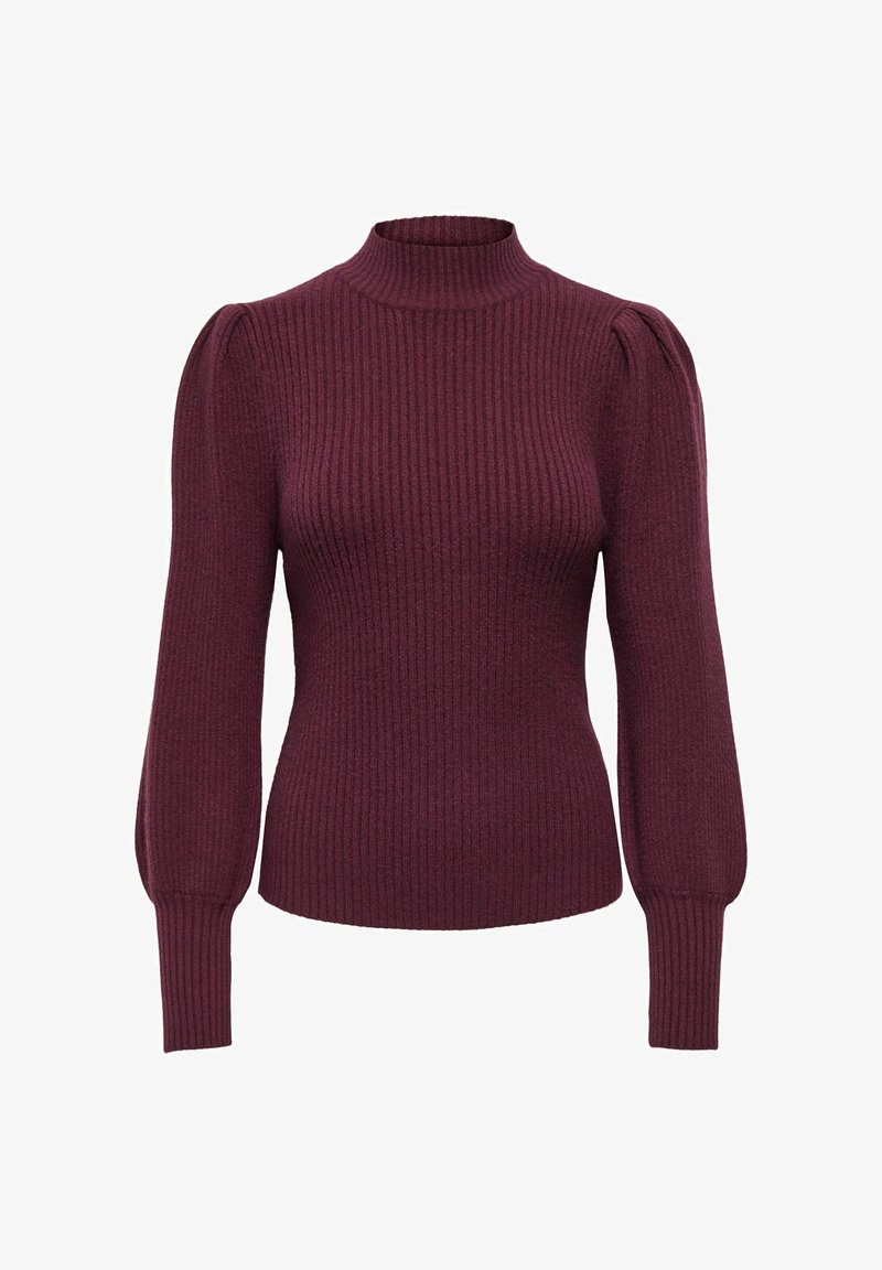 Pull en maille côtelée bordeaux avec manches longues bouffantes, col rond haut et silhouette ajustée, présenté sur fond blanc uni.