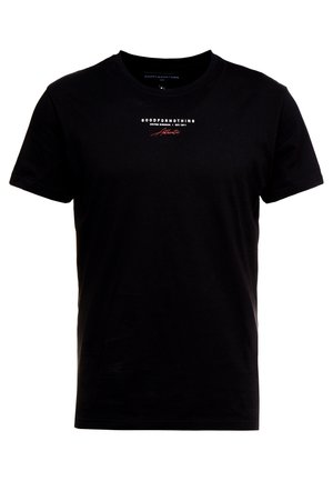 Black short-sleeve crewneck T-shirt with white and red "GOODFORNOTHING United Kingdom Est. 2011 Authentic" text printed on chest.