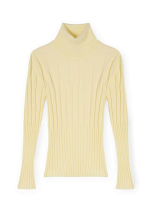 Maglione a collo alto giallo a coste con maniche lunghe, realizzato in materiale morbido, con design aderente e superficie strutturata.
