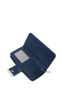 Navy blue leather wallet with a zip opening, multiple card slots, and a transparent ID window. Features a smooth texture and silver hardware accents.
