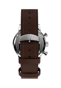 Bracelet de montre en cuir marron avec des détails cousus, boîtier en acier inoxydable et matériel en argent poli. Résistant à l'eau jusqu'à 50 mètres.
