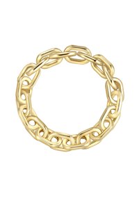 Anello in oro con catena, caratterizzato da link allungati interconnessi in un design liscio e arrotondato, con una finitura lucida e connessioni senza soluzione di continuità.