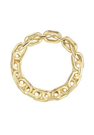 Goldfarbener Kettenring mit ineinander verbundenen, länglichen Gliedern in einem glatten, abgerundeten Design, mit polierter Oberfläche und nahtlosen Verbindungen.