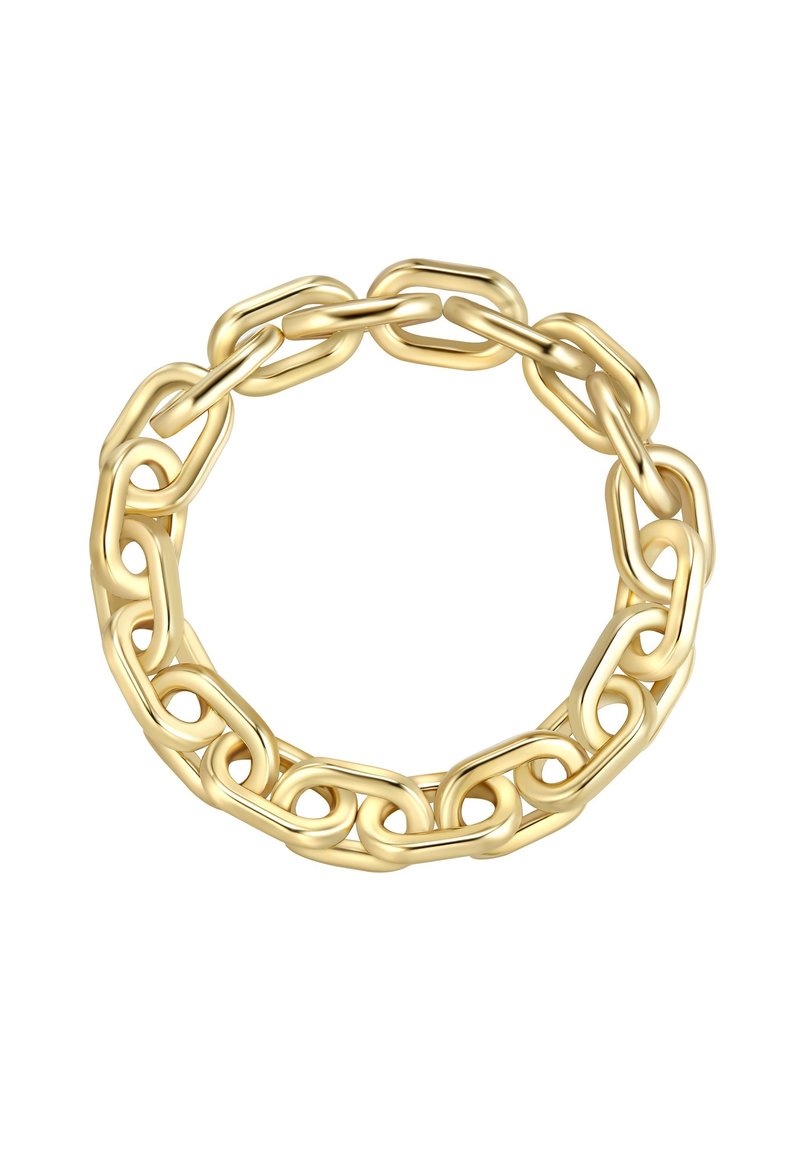 Anello in oro con catena, caratterizzato da link allungati interconnessi in un design liscio e arrotondato, con una finitura lucida e connessioni senza soluzione di continuità.