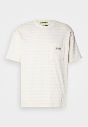 White T-shirt with textured pattern, crew neck, short sleeves, and a left chest pocket featuring a small logo label.