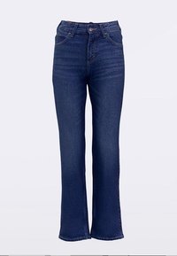 Høytlivs vide bukser i mørkeblå denim med fem lommer, subtil falming og frontknapping. Sømmer har synlig søm.