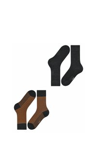 Zwei Paar Socken: ein Paar in einfarbig dunklem Grau, das andere mit einem strukturierten braunen geometrischen Muster und grauen Akzenten. Material aus Baumwollmischung.
