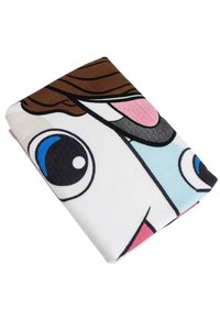 Coperta a tema personaggio con una consistenza morbida e felpata; presenta illustrazioni audaci e colorate di volti di cartoni animati in blu, rosa e marrone.