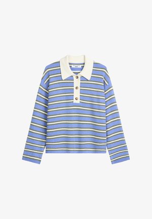 Striped long-sleeve polo shirt with a blue, green, and white pattern, featuring a cream-colored collar and three button placket.