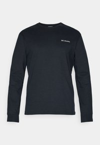 T-shirt noir à manches longues en coton, avec un col rond et un petit logo blanc Columbia sur la partie supérieure gauche de la poitrine.
