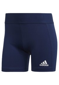 Námornícke športové šortky vyrobené zo syntetického materiálu s jemnou textúrou, s širokým pásom a bielym logom Adidas na leme.