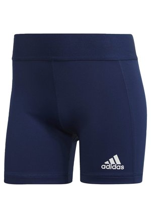 Mornarski atletski šortsevi od sintetičkog materijala s glatkom teksturom, sa širokim pojasom i bijelim Adidas logotipom na rubu.