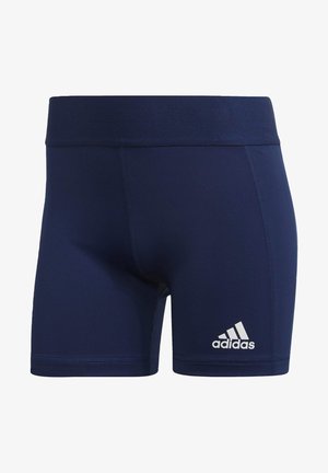 Granatowe szorty sportowe wykonane z syntetycznego materiału o gładkiej fakturze, z szerokim pasem i białym logo Adidas na dolnym końcu.