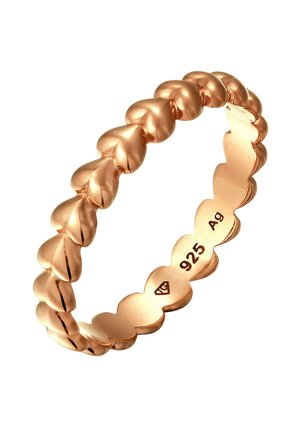Roségoldener Ring mit einem sich wiederholenden Muster kleiner Herzen, die das Band umgeben, innen mit "925 Ag" für Silbergehalt geprägt.