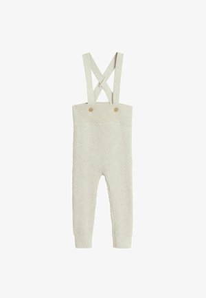 Neulotut kermaiset haalariasut risteilevin olkaimin, napituksin, joustavalla vyötäröllä ja kapeutuvilla lahkeilla. Pehmeä, monikäyttöinen malli ja teksturoitu kangas.