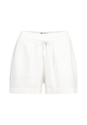 Weiße Baumwollshorts mit elastischem Bund und Kordelzug. Sie verfügen über seitliche Taschen und eine glatte Textur. Einfaches, lässiges Design.