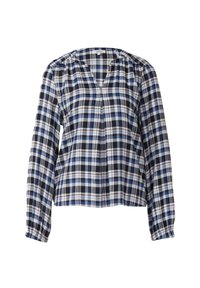 Langärmliges karierter Hemd in Marineblau, Weiß und Hellblau. Mit V-Ausschnitt, gerafften Schultern und elastischen Bündchen. Weiches Baumwollmaterial.