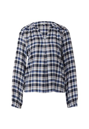 Chemise à manches longues à carreaux dans des tons de marine, blanc et bleu clair. Présente un col en V, des épaules froncées et des poignets élastiques. Tissu en coton doux.