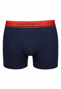 Granatowe bokserki w jednolitym wzorze. Posiadają czerwoną gumkę w talii z czarnym napisem "LANCERTO", wykonane z miękkiego, elastycznego materiału.