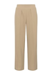 Beige trousers with a smooth texture, featuring a high, elastic waistband and front pleats. The design is straight-cut and ankle-length.