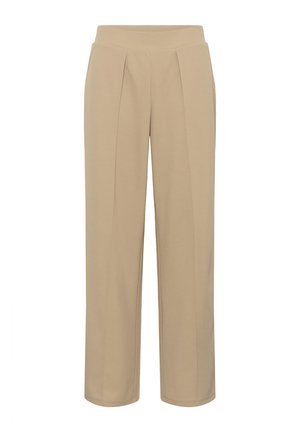 Pantalons beiges avec une texture lisse, dotés d'une taille haute élastique et de plis à l'avant. La coupe est droite et à hauteur de cheville.