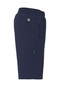 Navyblauwe sportshorts van zachte stof, met een ritssluiting in de zijzak en een contrasterend groene label, met een elastische tailleband.