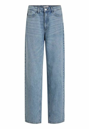 Jeans de mezclilla de tiro alto en color azul claro. Presentan piernas rectas, diseño de cinco bolsillos y cierre frontal con botón.