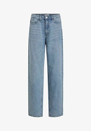 Ljusblå hög midja jeans av denim. Har raka ben, femfickorsdesign och en framknäppning.